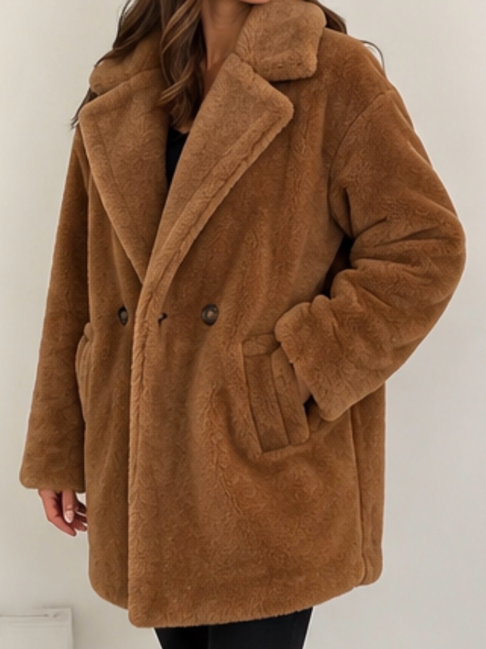 Brown Faux Fur Double-Breasted Coat Women